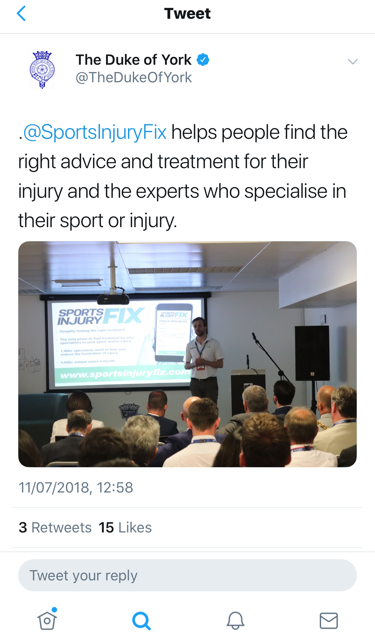 Tweet from Duke of York promoting SportsInjuryFix.com